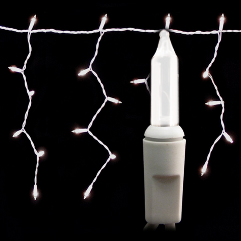 100 Count Icicle Lights - Ceramic White Bulbs - White Wire - Long Lead | All American Christmas Co