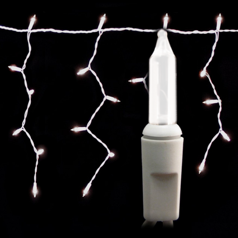 100 Count Icicle Lights - Ceramic White Bulbs - White Wire - Long Lead | All American Christmas Co