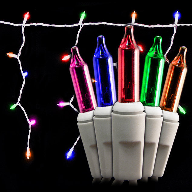 100 Count Icicle Lights - Multi Bulbs - White Wire - Long Lead - Case of 24 | All American Christmas Co