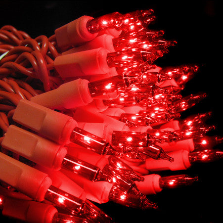 2.5 Inch Spacing - 100 Mini Christmas Lights - Red Bulbs - Red Wire | All American Christmas Co